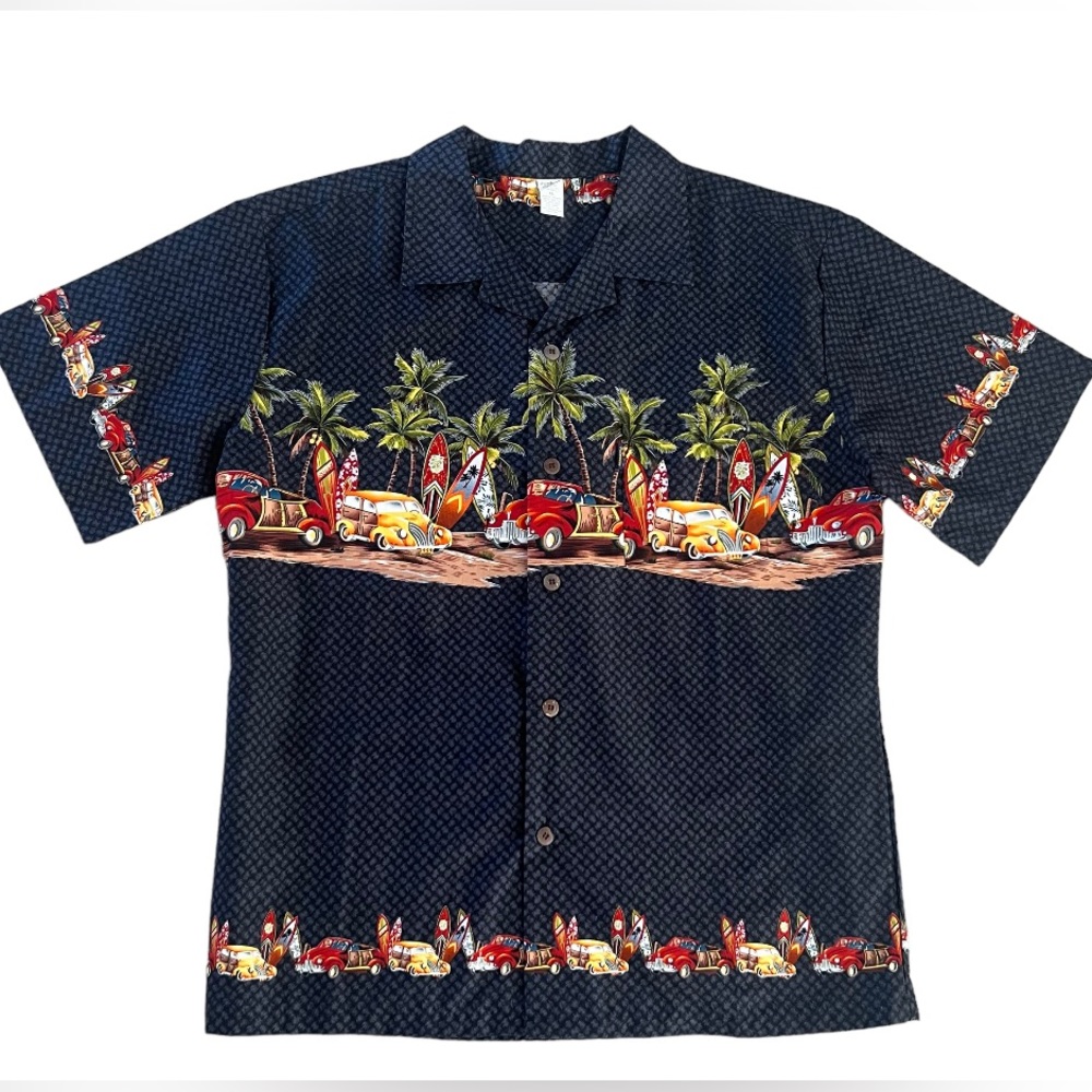 Palmwave Hawaii Mens Hawaiian Aloha Shirt Palm Tree Cars Surfboard